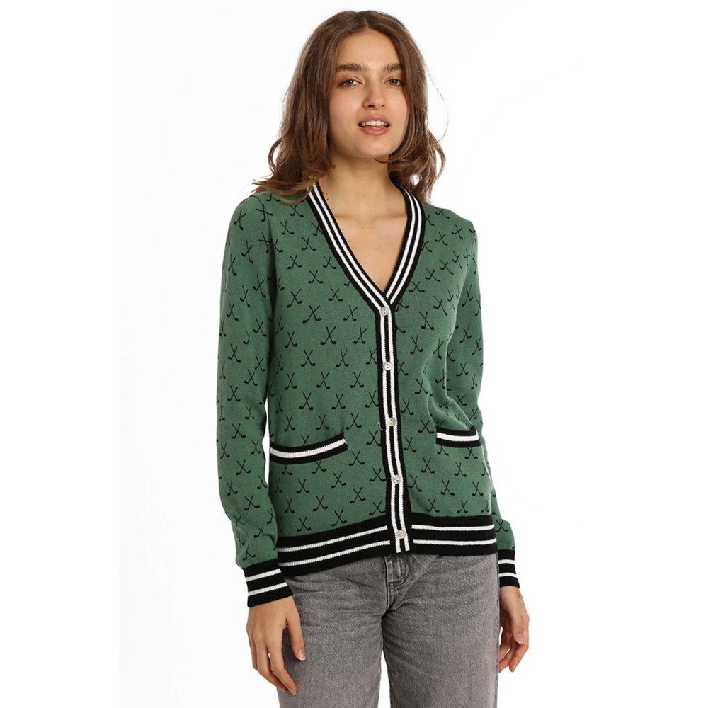 Minnie Rose Tennis Club Print Cardigan Sweater  Golf Green Cotton Cashmere S - Picture 5 of 15